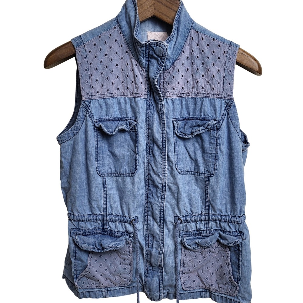 Candies Chambray Utility Vest Women's Sleeveless Drawstring Waist Light Blue